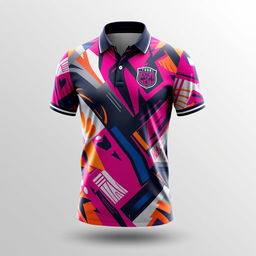 A detailed design of a full sublimation collar polo jersey specifically made for football, featuring dynamic patterns and vibrant colors