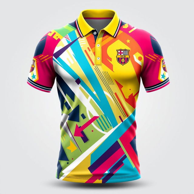 A detailed design of a full sublimation collar polo jersey specifically made for football, featuring dynamic patterns and vibrant colors