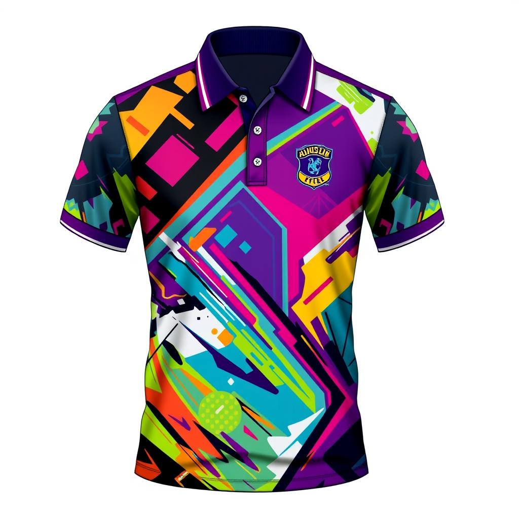 A detailed design of a full sublimation collar polo jersey specifically made for football, featuring dynamic patterns and vibrant colors