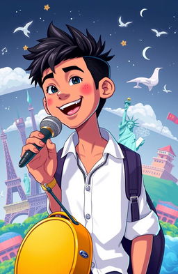 A young male singer with black hair embarking on a world travel adventure
