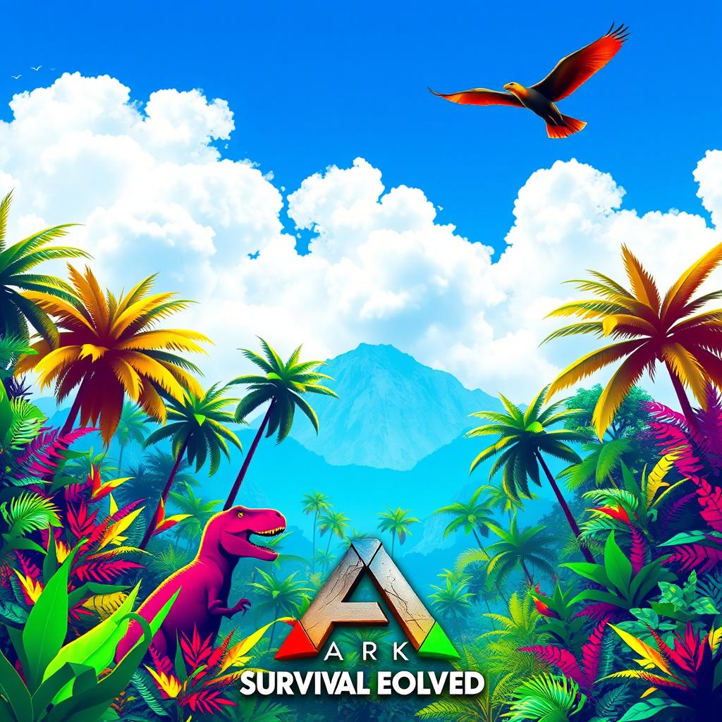 A vibrant and colorful background inspired by the game Ark: Survival Evolved, featuring a lush prehistoric landscape with exotic plants, towering trees, and a vibrant blue sky