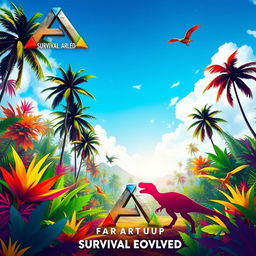A vibrant and colorful background inspired by the game Ark: Survival Evolved, featuring a lush prehistoric landscape with exotic plants, towering trees, and a vibrant blue sky