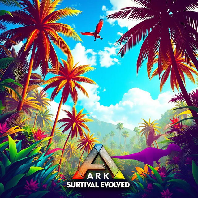 A vibrant and colorful background inspired by the game Ark: Survival Evolved, featuring a lush prehistoric landscape with exotic plants, towering trees, and a vibrant blue sky