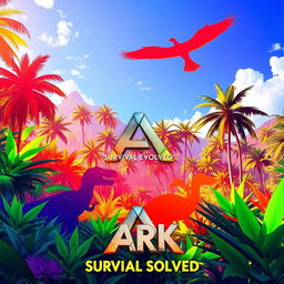 A vibrant and colorful background inspired by the game Ark: Survival Evolved, featuring a lush prehistoric landscape with exotic plants, towering trees, and a vibrant blue sky
