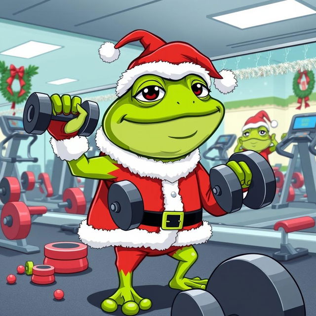 A whimsical, vector-style image of Pepe the Frog, dressed as Santa Claus, energetically working out in a gym