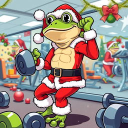 A whimsical, vector-style image of Pepe the Frog, dressed as Santa Claus, energetically working out in a gym