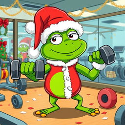 A whimsical, vector-style image of Pepe the Frog, dressed as Santa Claus, energetically working out in a gym