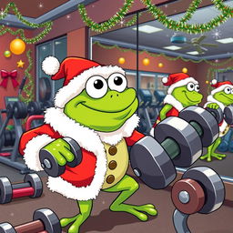 A whimsical, vector-style image of Pepe the Frog, dressed as Santa Claus, energetically working out in a gym
