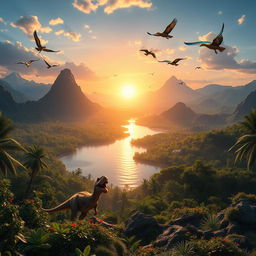 A stunning background scene inspired by the game ARK: Survival Evolved, showcasing a vast prehistoric landscape filled with lush green forests, towering mountains, and distant volcanoes