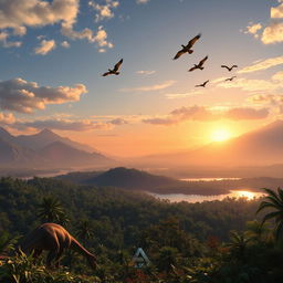 A stunning background scene inspired by the game ARK: Survival Evolved, showcasing a vast prehistoric landscape filled with lush green forests, towering mountains, and distant volcanoes