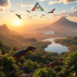 A stunning background scene inspired by the game ARK: Survival Evolved, showcasing a vast prehistoric landscape filled with lush green forests, towering mountains, and distant volcanoes