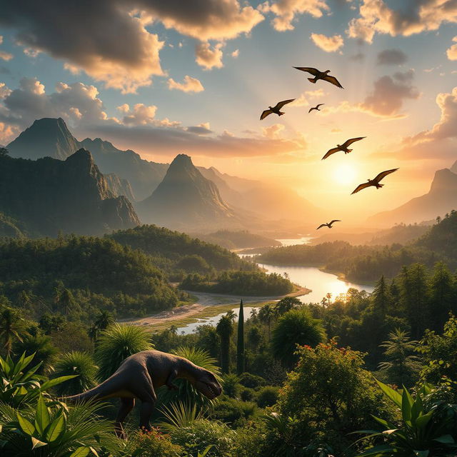 A stunning background scene inspired by the game ARK: Survival Evolved, showcasing a vast prehistoric landscape filled with lush green forests, towering mountains, and distant volcanoes