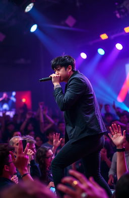 A young male singer with black hair performing on stage, surrounded by an enthusiastic crowd