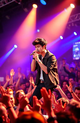 A young male singer with black hair performing on stage, surrounded by an enthusiastic crowd