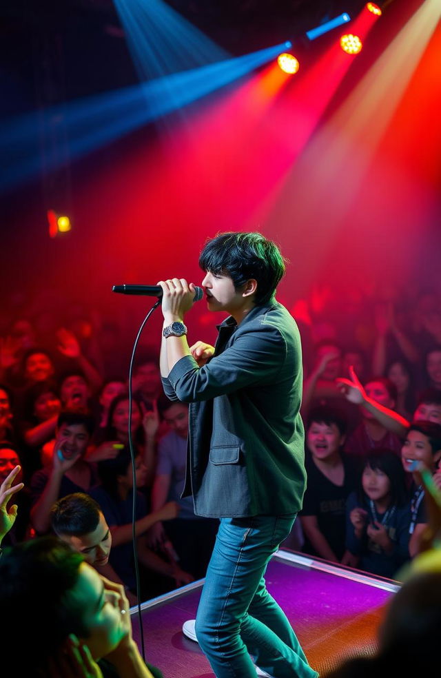 A young male singer with black hair performing on stage, surrounded by an enthusiastic crowd