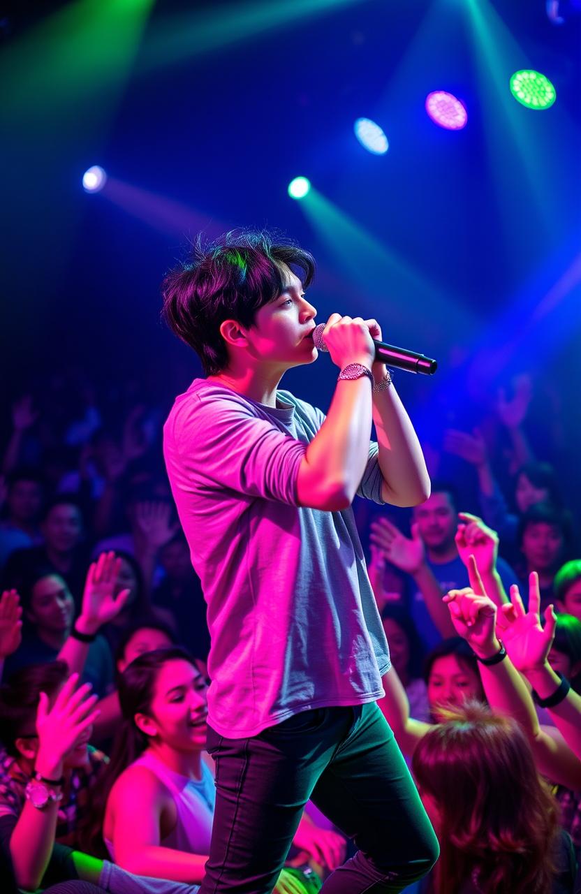 A young male singer with black hair performing on stage, surrounded by an enthusiastic crowd