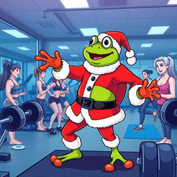 A cheerful version of Pepe the Frog dressed as Santa Claus, complete with a red and white suit, black belt, and Santa hat