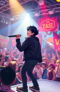 A scene of a young male singer with black hair performing passionately on stage
