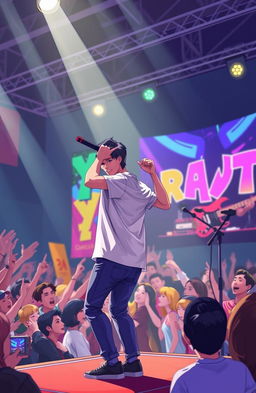 A scene of a young male singer with black hair performing passionately on stage