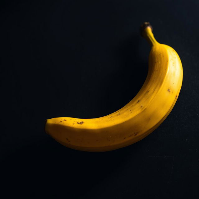 An exquisite and highly detailed image of a ripe banana resting on a dark, textured surface