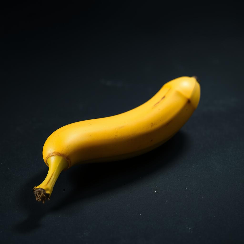 An exquisite and highly detailed image of a ripe banana resting on a dark, textured surface
