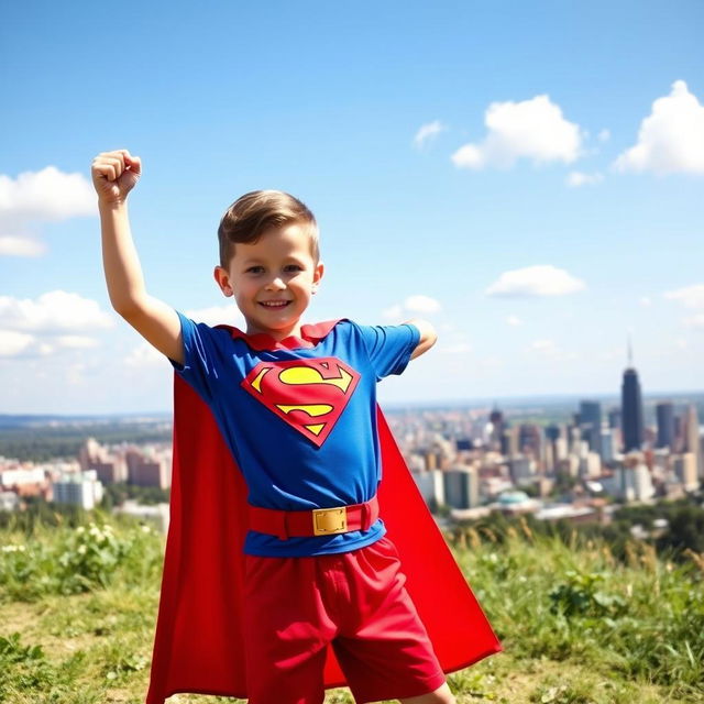 A young boy dressed as Superman, wearing a full superhero costume complete with a red cape, blue shirt, and red shorts