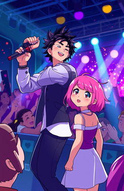 A scene depicting a charismatic male singer with black hair, passionately performing on stage during a vibrant concert