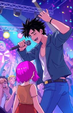 A scene depicting a charismatic male singer with black hair, passionately performing on stage during a vibrant concert
