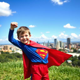 A young boy dressed as Superman, wearing a full superhero costume complete with a red cape, blue shirt, and red shorts