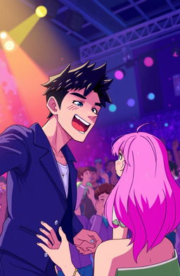 A scene depicting a charismatic male singer with black hair, passionately performing on stage during a vibrant concert