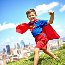 A young boy dressed as Superman, wearing a full superhero costume complete with a red cape, blue shirt, and red shorts