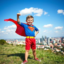 A young boy dressed as Superman, wearing a full superhero costume complete with a red cape, blue shirt, and red shorts