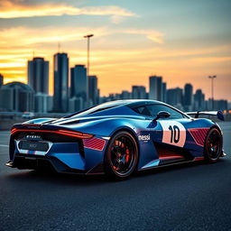 A stunning super sports car designed as a tribute to Lionel Messi, featuring sleek aerodynamic lines, a vibrant blue and white color scheme inspired by Argentina's flag, with Messi's iconic number 10 subtly incorporated into the design