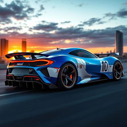 A stunning super sports car designed as a tribute to Lionel Messi, featuring sleek aerodynamic lines, a vibrant blue and white color scheme inspired by Argentina's flag, with Messi's iconic number 10 subtly incorporated into the design