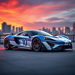 A stunning super sports car designed as a tribute to Lionel Messi, featuring sleek aerodynamic lines, a vibrant blue and white color scheme inspired by Argentina's flag, with Messi's iconic number 10 subtly incorporated into the design