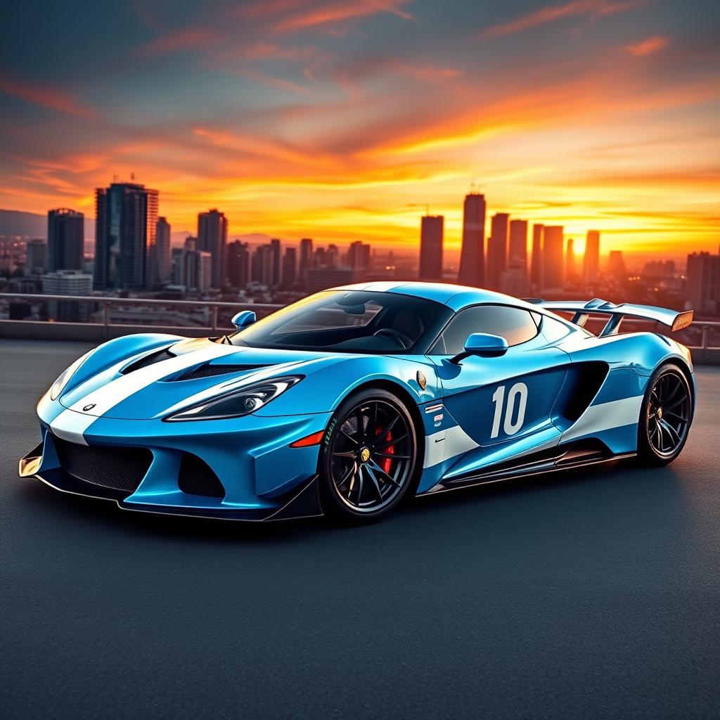A stunning super sports car designed as a tribute to Lionel Messi, featuring sleek aerodynamic lines, a vibrant blue and white color scheme inspired by Argentina's flag, with Messi's iconic number 10 subtly incorporated into the design