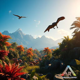 A stunning background scene inspired by "Ark: Survival Evolved", showcasing a lush prehistoric landscape filled with vibrant, colorful foliage and towering mountains in the distance