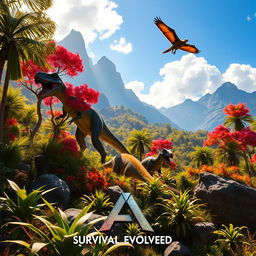 A stunning background scene inspired by "Ark: Survival Evolved", showcasing a lush prehistoric landscape filled with vibrant, colorful foliage and towering mountains in the distance