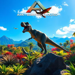 A stunning background scene inspired by "Ark: Survival Evolved", showcasing a lush prehistoric landscape filled with vibrant, colorful foliage and towering mountains in the distance