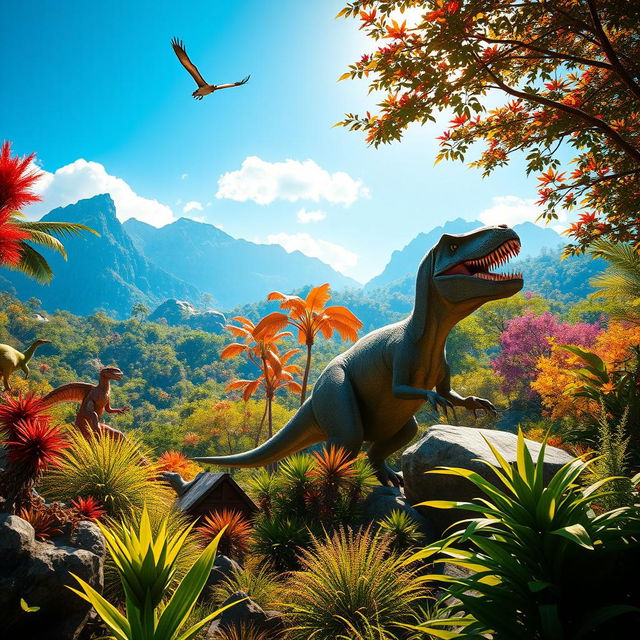 A stunning background scene inspired by "Ark: Survival Evolved", showcasing a lush prehistoric landscape filled with vibrant, colorful foliage and towering mountains in the distance