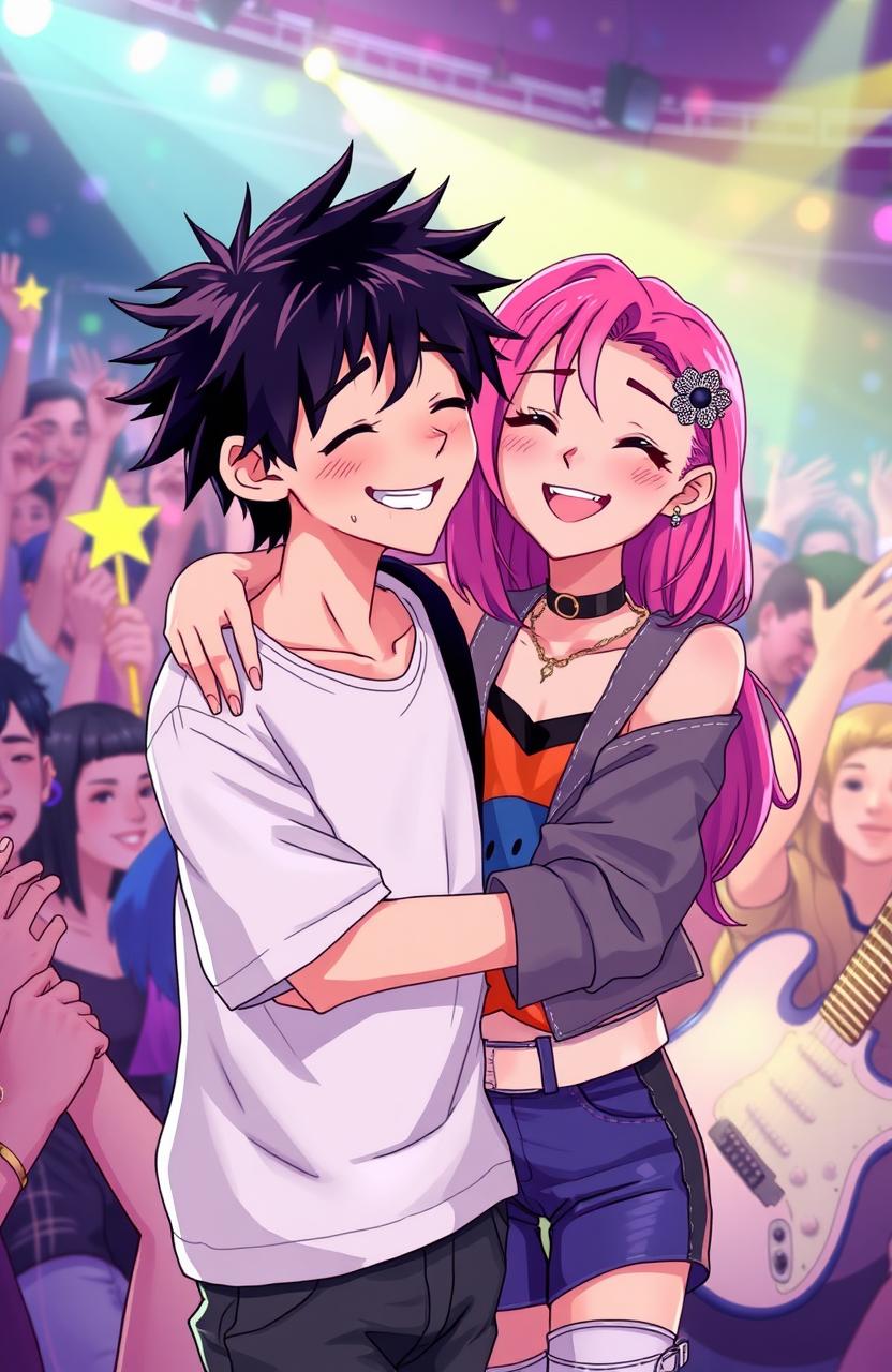 A black-haired boy reconnecting with a pink-haired girl at a concert, featuring a vibrant 2D style illustration