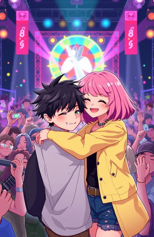 A black-haired boy reconnecting with a pink-haired girl at a concert, featuring a vibrant 2D style illustration