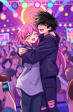 A black-haired boy reconnecting with a pink-haired girl at a concert, featuring a vibrant 2D style illustration