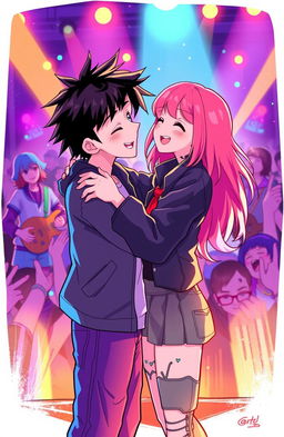 A black-haired boy reconnecting with a pink-haired girl at a concert, featuring a vibrant 2D style illustration