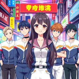 A beautiful anime girl with long, slightly wavy hair and fair skin, drawn in 2D style, standing confidently in the center of the composition