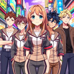 A beautiful anime girl with long, slightly wavy hair and fair skin, drawn in 2D style, standing confidently in the center of the composition