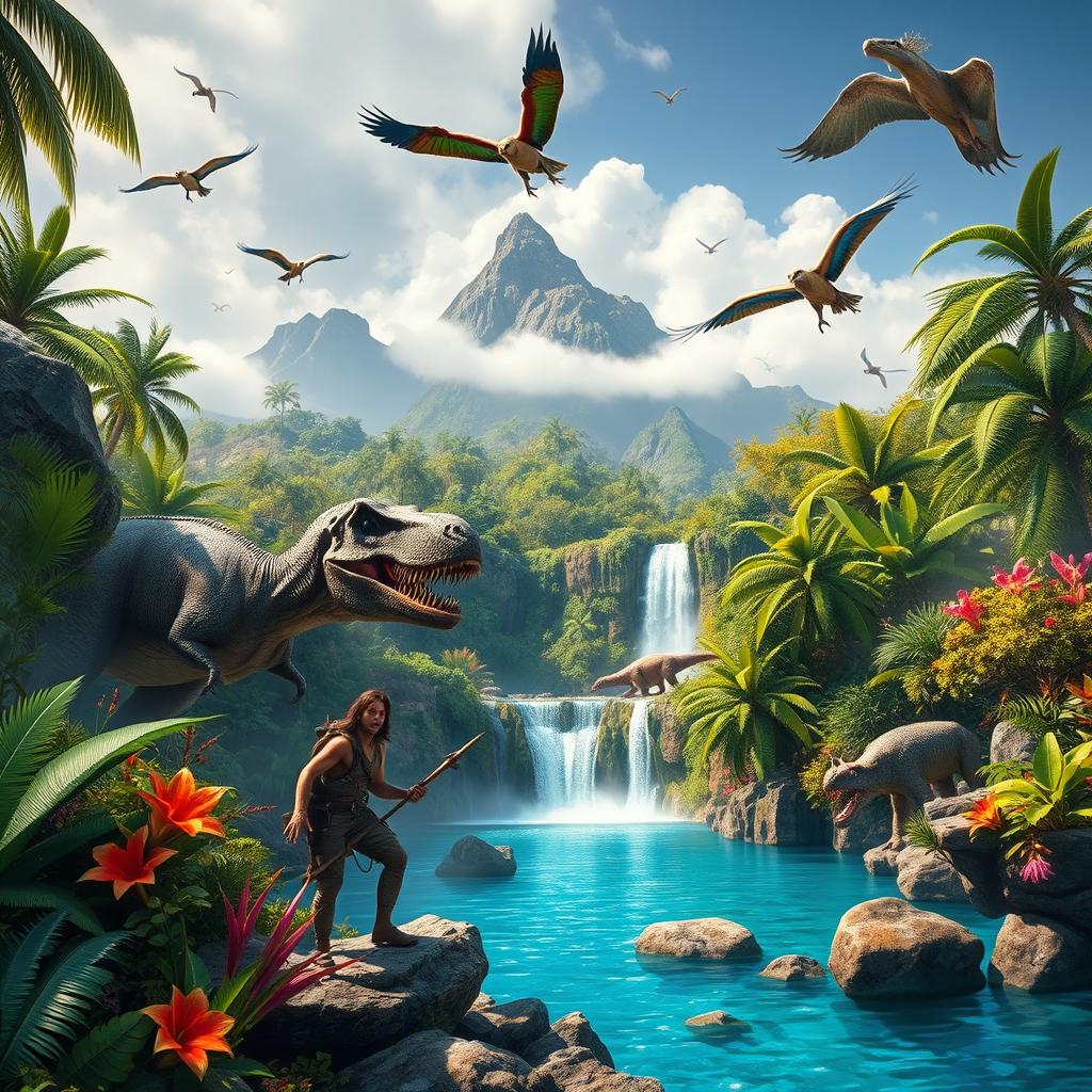 A dynamic and immersive scene depicting a vibrant, lush jungle environment on a mysterious island inspired by the game Ark: Survival Evolved