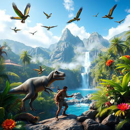 A dynamic and immersive scene depicting a vibrant, lush jungle environment on a mysterious island inspired by the game Ark: Survival Evolved
