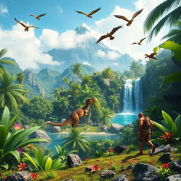 A dynamic and immersive scene depicting a vibrant, lush jungle environment on a mysterious island inspired by the game Ark: Survival Evolved