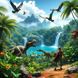 A dynamic and immersive scene depicting a vibrant, lush jungle environment on a mysterious island inspired by the game Ark: Survival Evolved